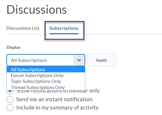 Subscriptions tab, with filtering options