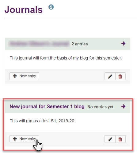 Screen showing title of newly created journal - which will be used for blogging