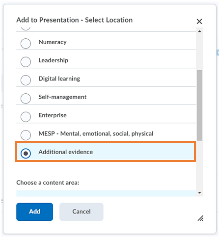 Pop-up window to select the page in the presentation where you would like the completed form to be displayed