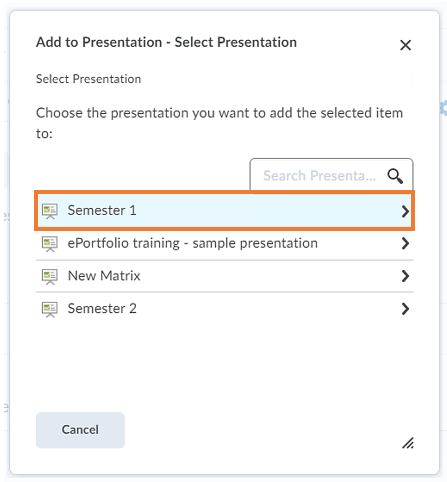 Pop-up window for adding the file to a presentation