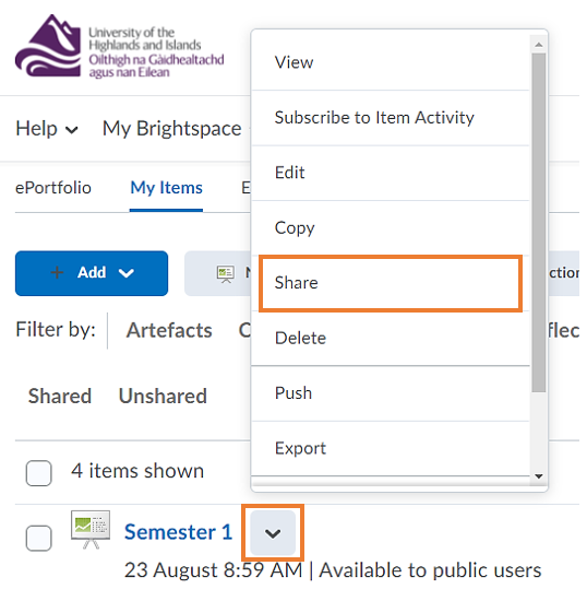 Presentation in the ePortfolio with option to Share