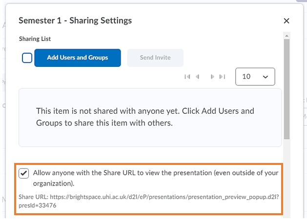 Settings pop-up window with option to enable Sharing Link