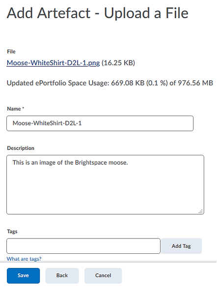 Add artefact area with space for a name and a description