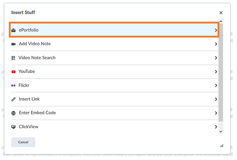 Insert Stuff window with option to add an ePortfolio item