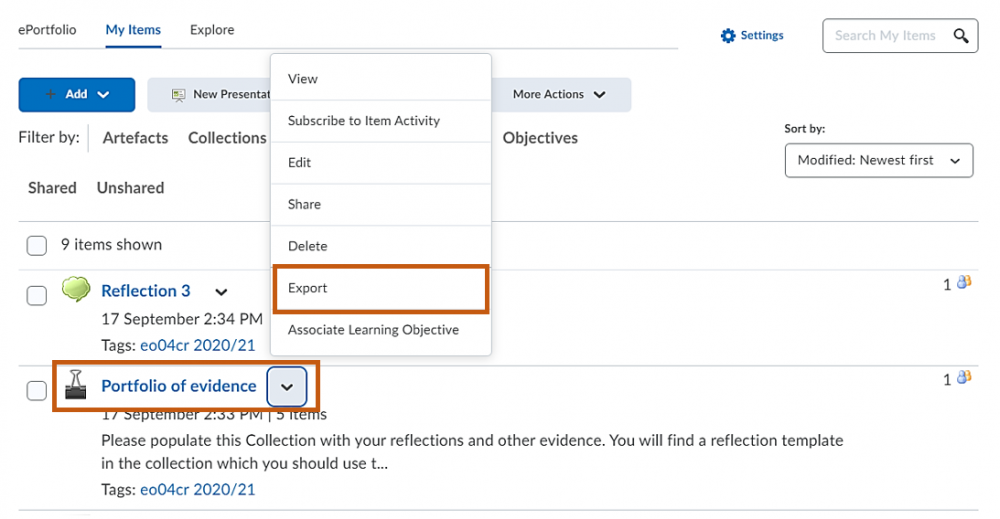 Collection in the My Items tab with option to Export