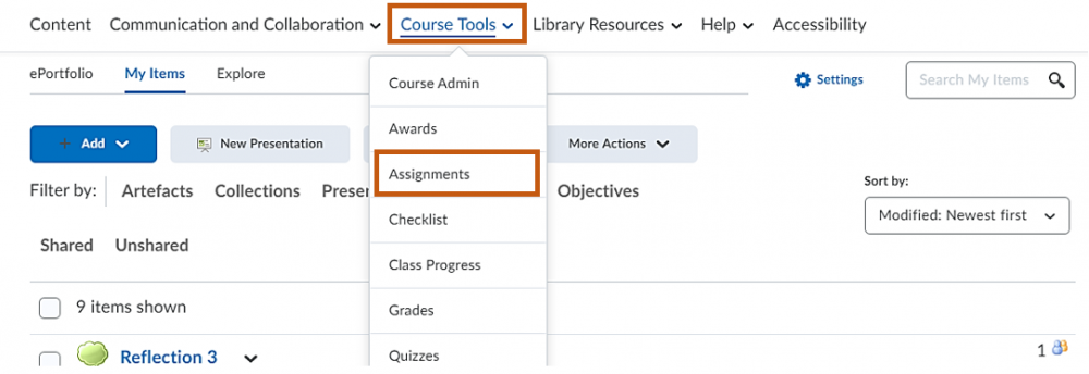 Course tools drop-down menu with link to the Assignments tool