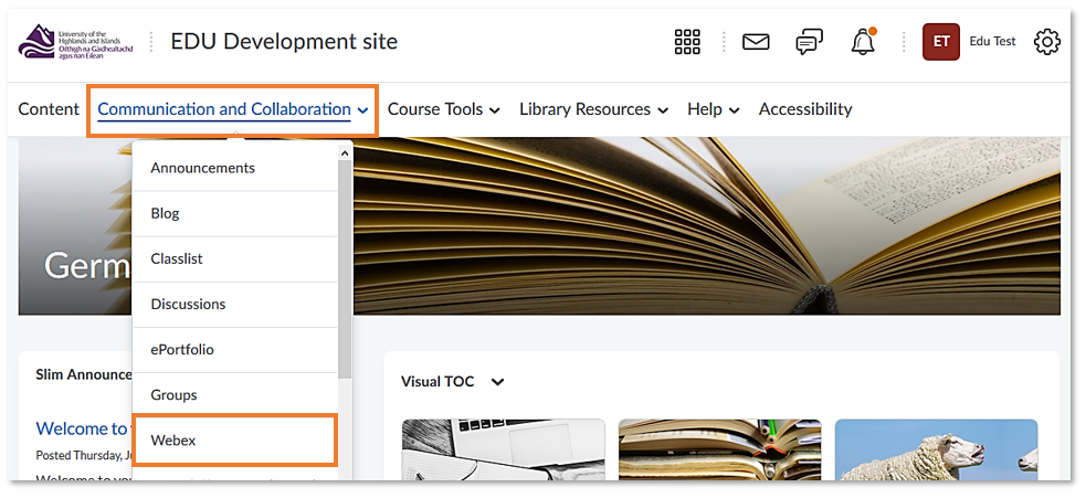 Brightspace module / unit / course homepage with Communication and Collaboration drop-down menu and link to Webex virtual classroom
