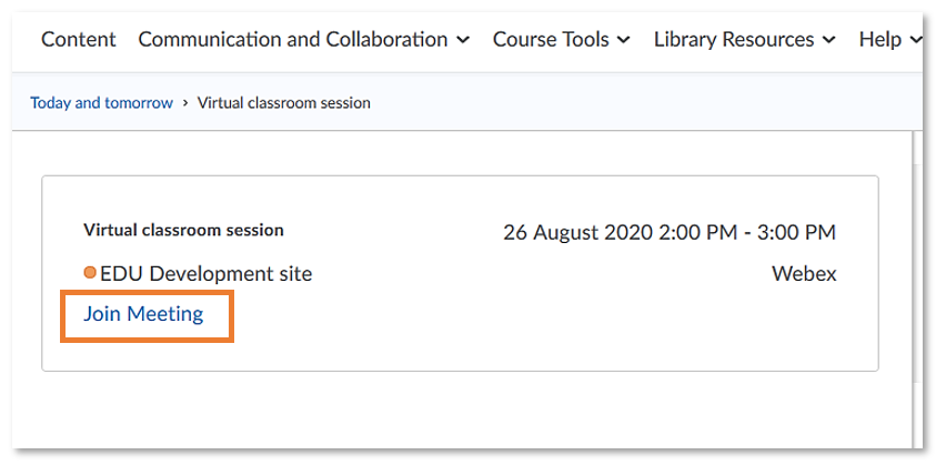 Virtual classroom session event in the Brightspace Calendar tool with Join Meeting link