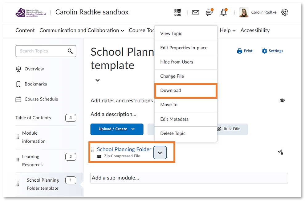 Screenshot of the School Planning Folder template in Brightspace with the option to download it