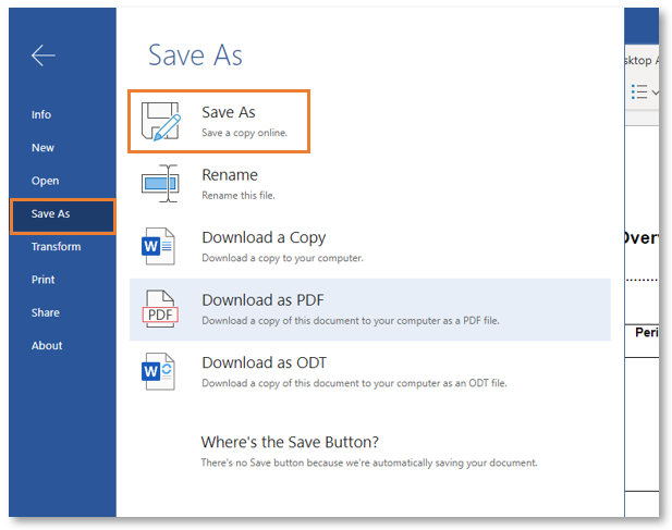 Screenshot of the Save As option for creating a copy of the document