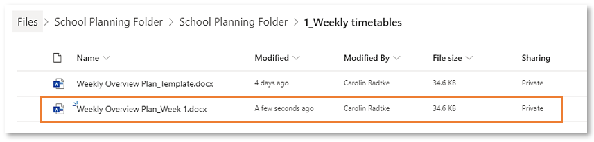 Newly added copy of the template, in this case Weekly Overview Plan - Week 1