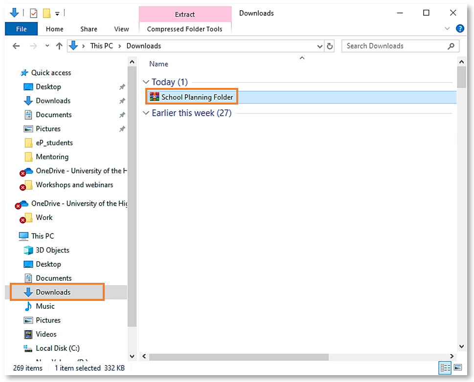 Screenshot of the downloaded School Planning Folder template zip package in the Downloads area