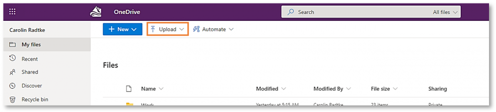 UHI OneDrive with the option to upload a folder