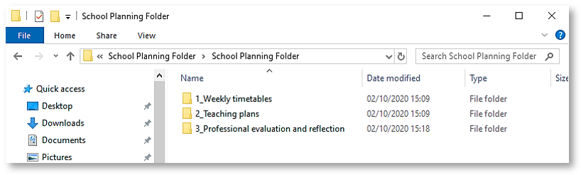 Screenshot of the contents of the School Planning Folder template